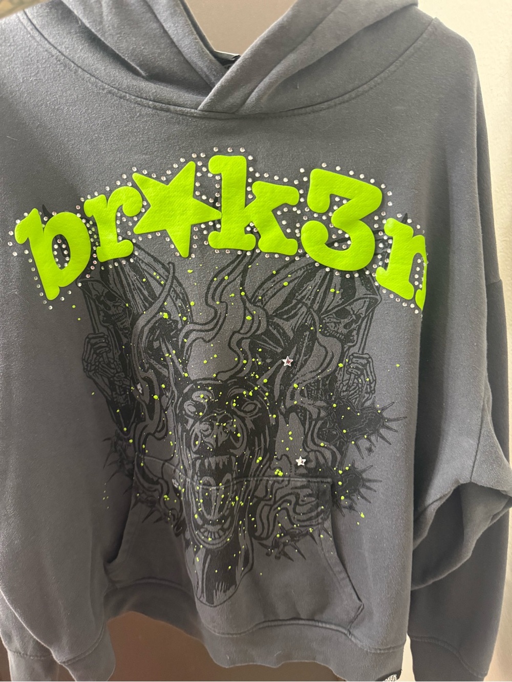 Black Zip-Up Hoodie with Neon Green Graphic - Men